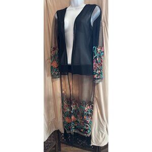 Crewel Embroidered Duster Komono Long With Fringe OSFA